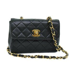 CHANEL Mini Matelasse Turn Lock Chain Bag Lamb Skin Black CC Auth